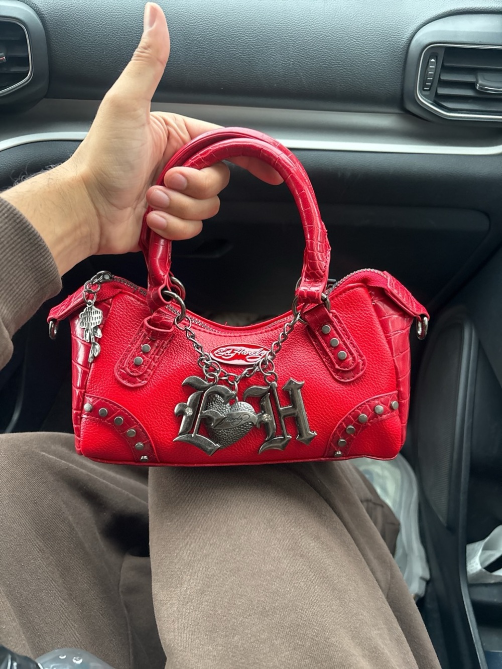 Ed Hardy Red Mini Satchel with Signature Chain Charm